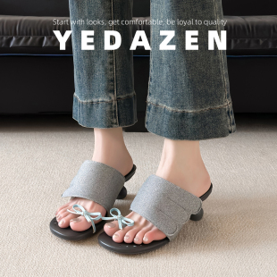 韩国绝美灰色夹趾凉鞋女粗跟夏季外穿高跟法式蝴蝶结拖鞋2026超火