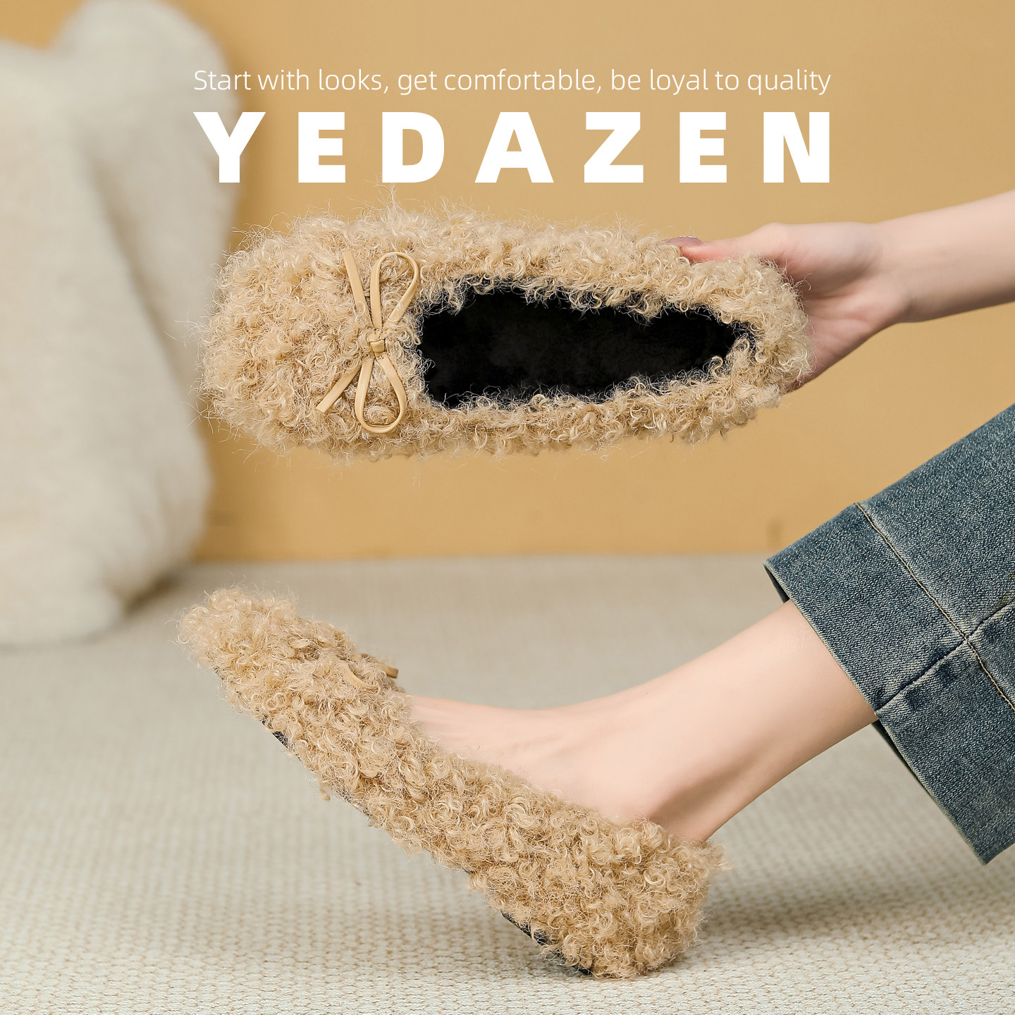 羊羔毛豆豆棉鞋女2025新款冬季加绒棕色法式毛毛鞋平底蝴蝶结单鞋