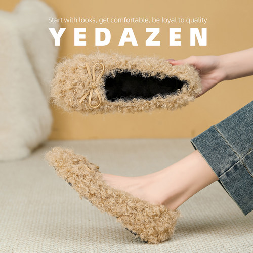 羊羔毛豆豆棉鞋女2025新款冬季加绒棕色法式毛毛鞋平底蝴蝶结单鞋
