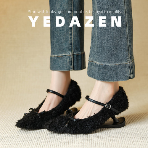 绝美黑色羊羔毛毛鞋高级感外穿女秋冬加绒气质尖头高跟蝴蝶结单鞋