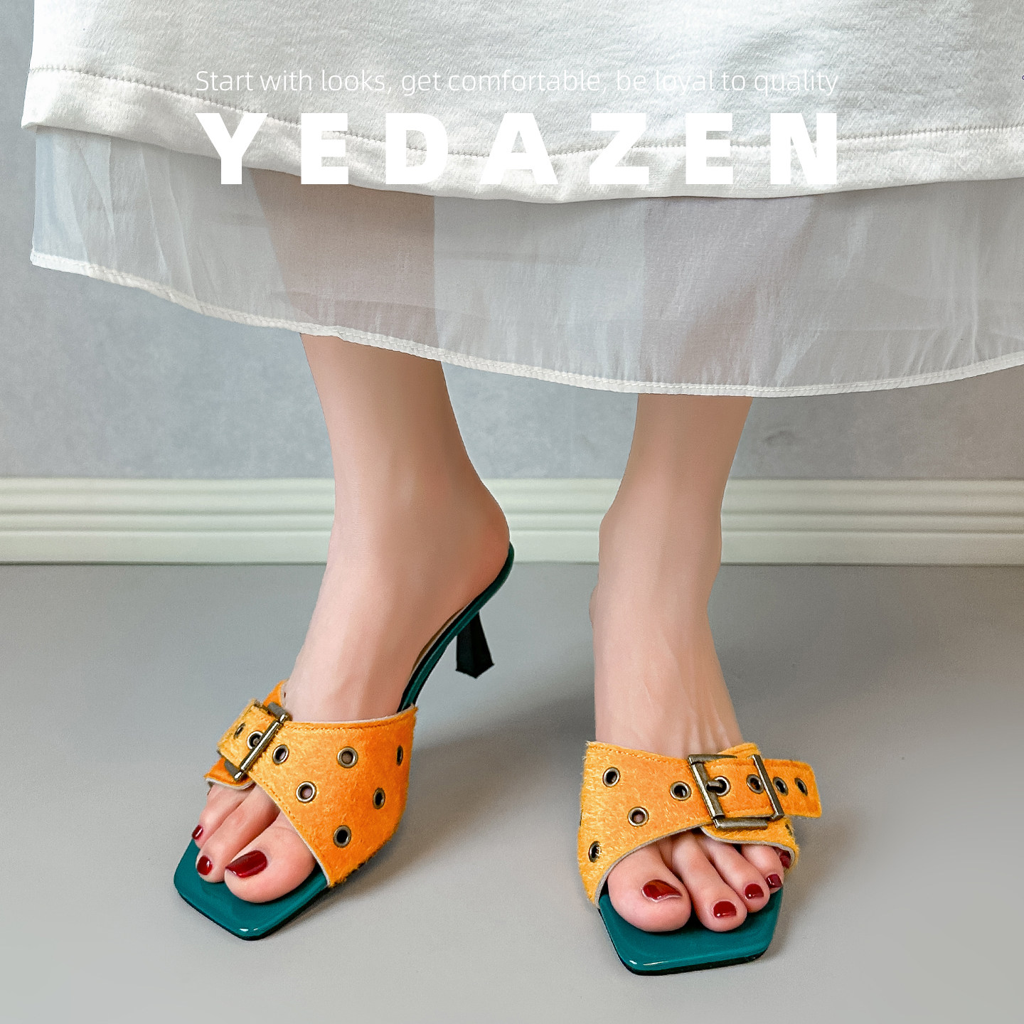 高级感马毛方头高跟凉鞋女夏季外穿细跟皮带扣一字拖鞋设计感小众