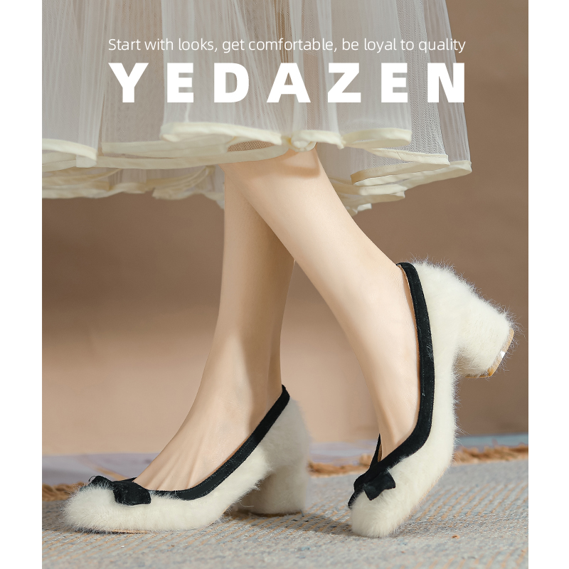 高级感小香风毛毛女冬季外穿白色高跟鞋2025新款加绒法式方头单鞋