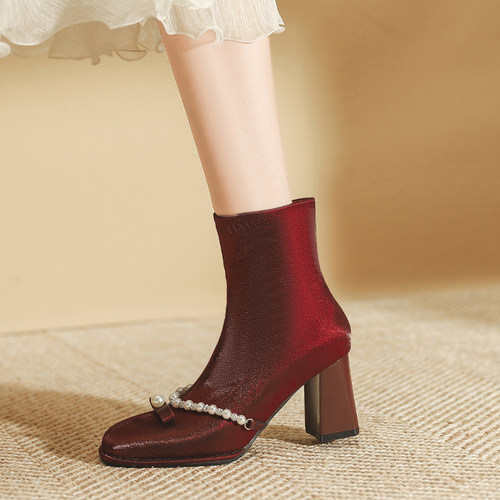 法式秀禾婚鞋新娘鞋粗跟短靴