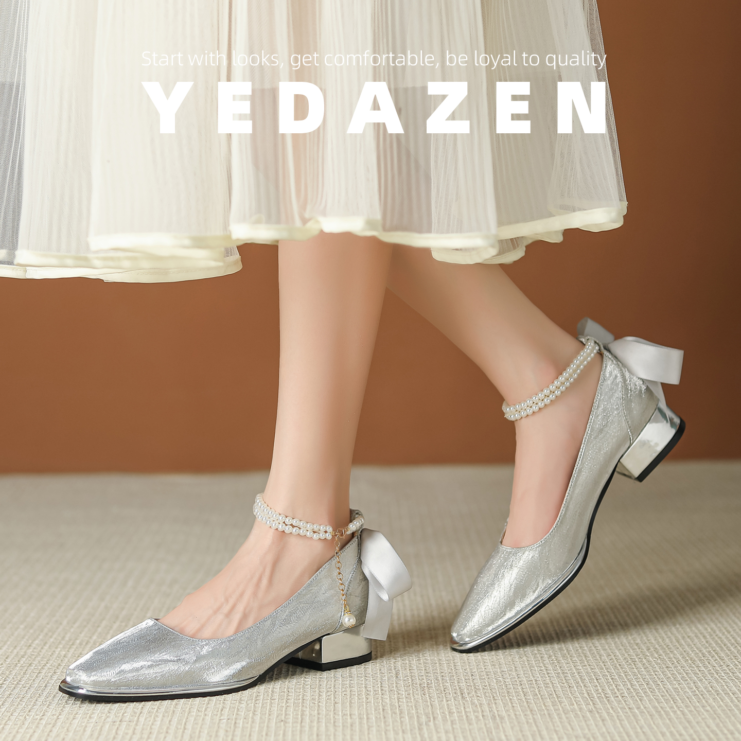 气质名媛法式小高跟鞋女低跟银色伴娘主婚纱礼服鞋方头珍珠带单鞋