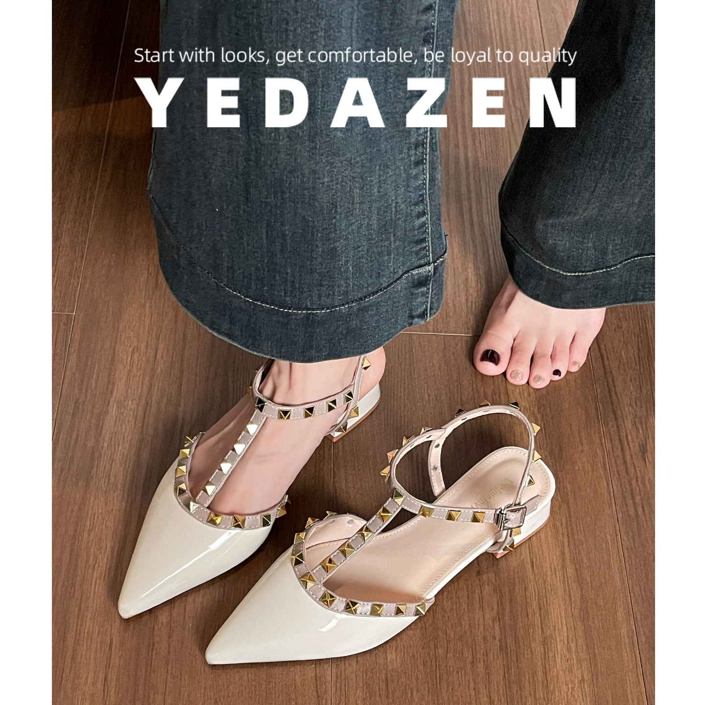 米白色尖头铆钉高跟凉鞋女夏外穿时尚高级感2026新款包头粗跟单鞋