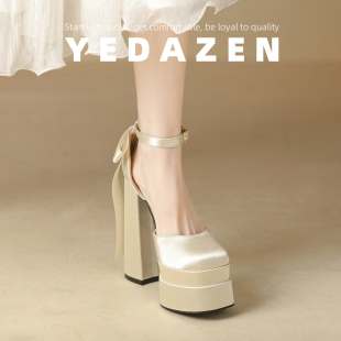 一字带中空超高跟鞋 粗跟白色防水台婚鞋 女夏季 小个子包头厚底凉鞋