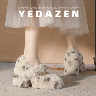 厚底绝美白色保暖棉毛毛鞋女外穿秋冬加绒气质高跟鞋粗跟法式单鞋