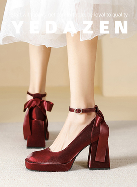 一字带红色9CM高跟鞋女厚底玛丽珍婚鞋2025秋季新款气质粗跟单鞋