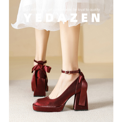 一字带9CM高跟鞋厚底玛丽珍婚鞋