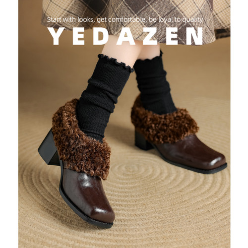 2025巨好看棕色加绒毛毛鞋女外穿方头一脚蹬保暖玛丽珍粗跟小皮鞋