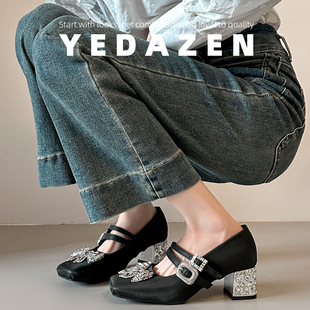 高级感水钻高跟鞋女粗跟蝴蝶结黑色玛丽珍鞋方头一字扣带单鞋中跟