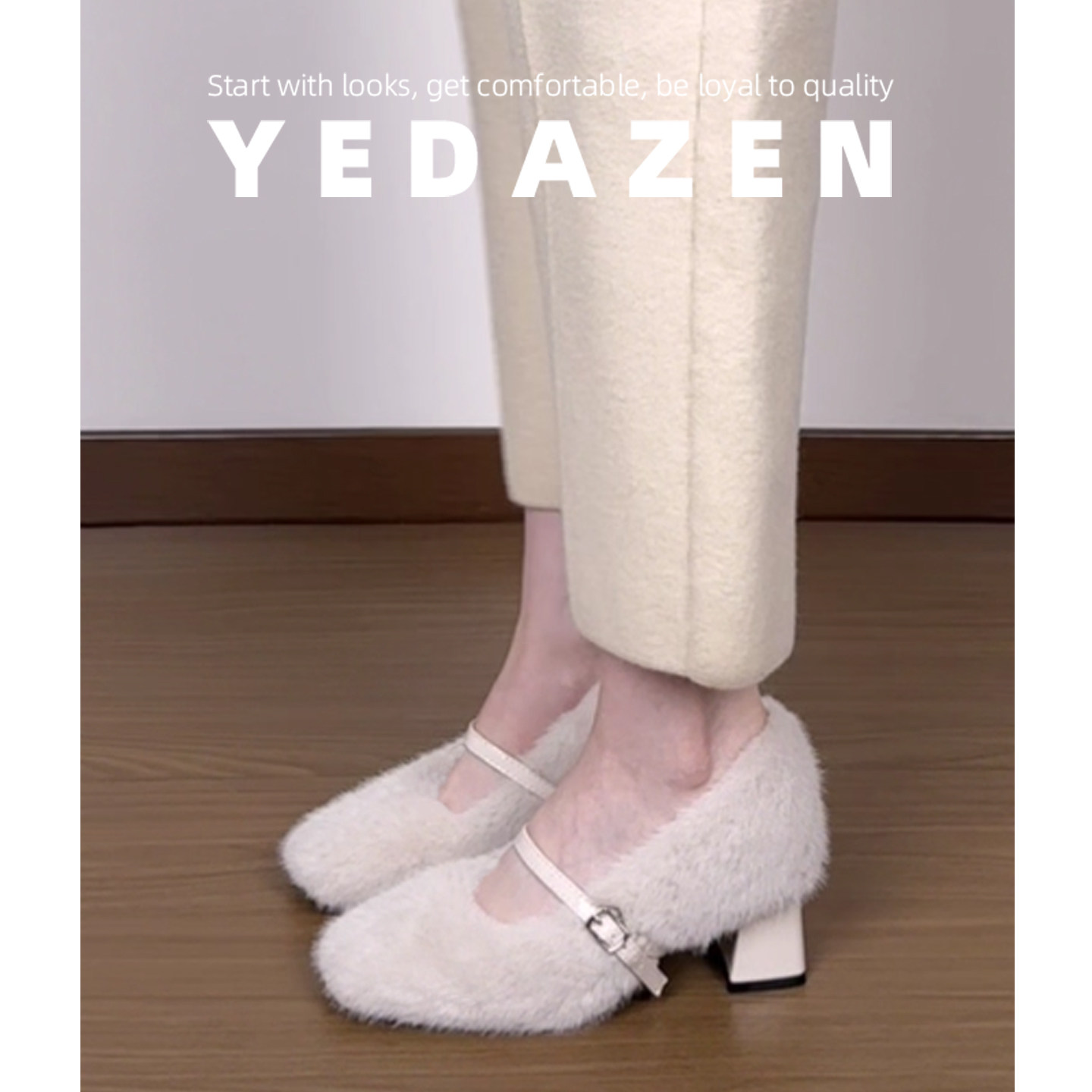 法式玛丽珍白色高级感加绒毛毛鞋女外穿2026新款一字带粗跟高跟鞋
