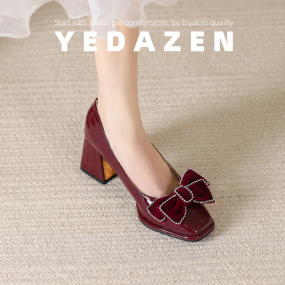 小个子绝美蝴蝶结高跟鞋粗跟红色秀禾婚鞋好穿不累脚法式漆皮单鞋