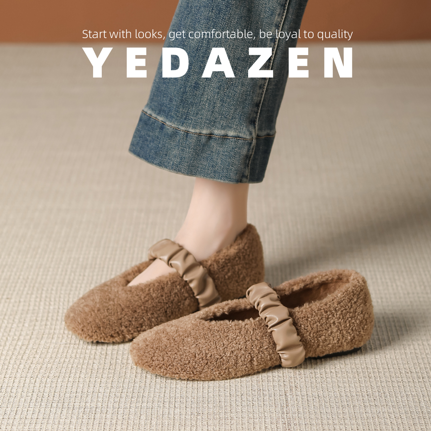 高级感卡其色毛毛鞋女外穿加绒冬季豆豆鞋平底一脚蹬圆头玛丽珍鞋