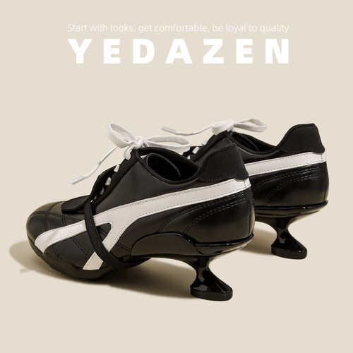 小众设计感黑色运动风异形高跟鞋女时尚2025新款透气系带休闲单鞋