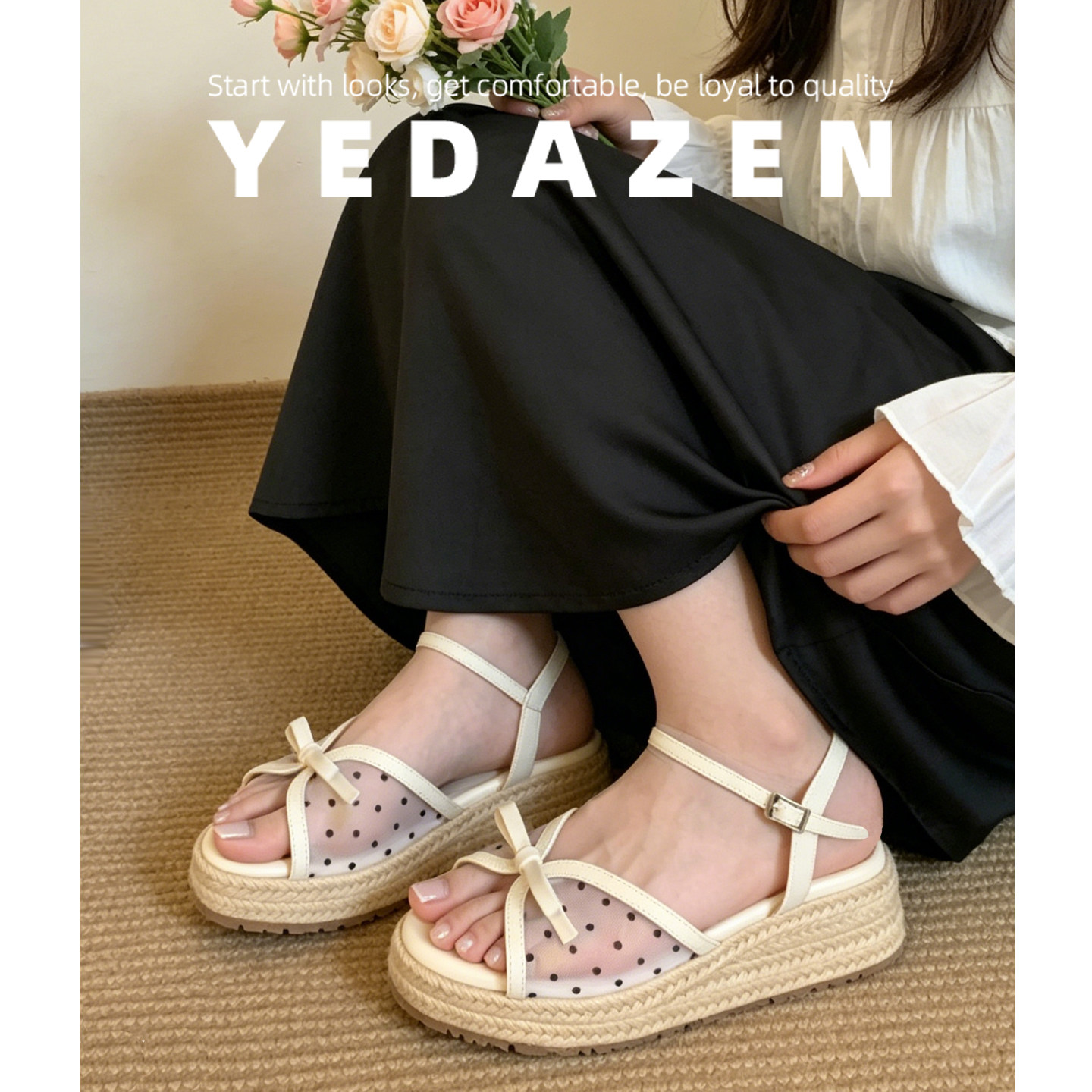 厚底坡跟露趾凉鞋女款2026夏季新款增高凉拖蝴蝶结白色波点高跟鞋