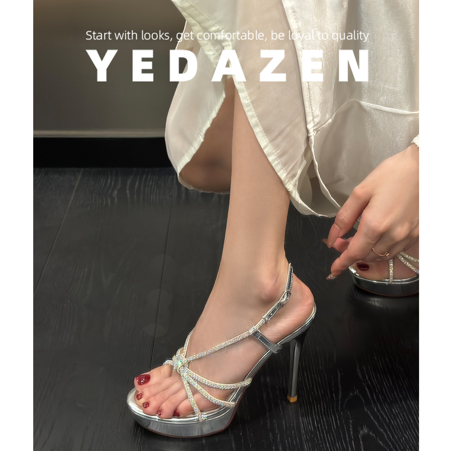 银色防水台高跟鞋小个子细跟罗马水钻厚底凉鞋女夏外穿时尚高级感