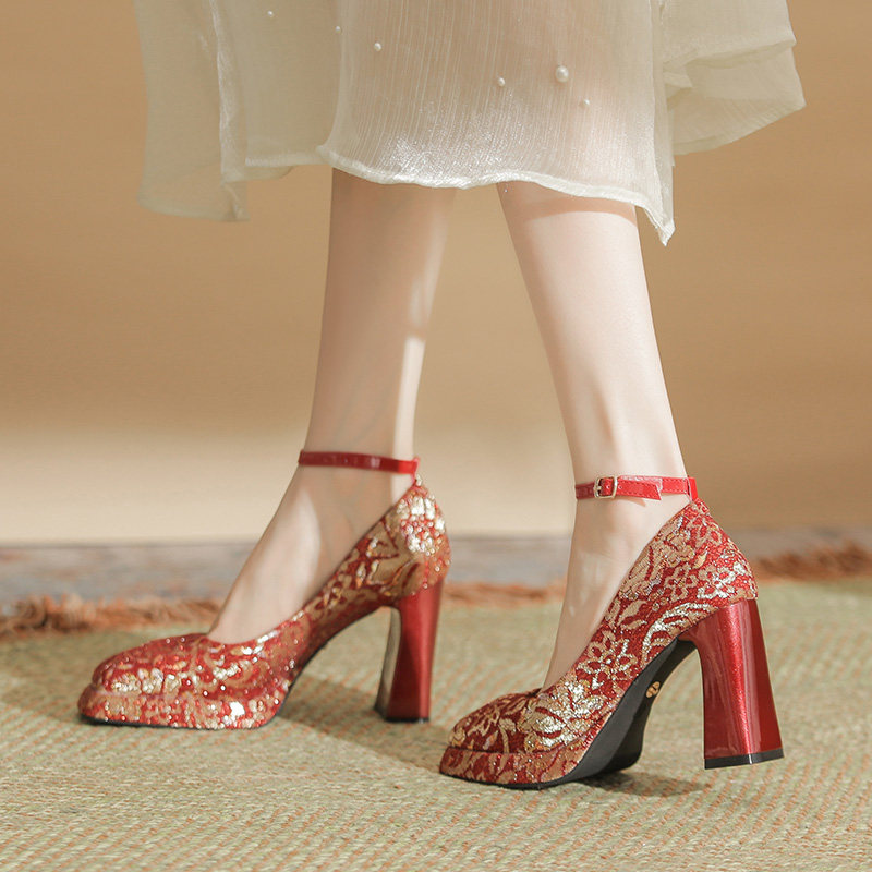 高跟鞋女中式龙凤褂婚鞋禾秀婚纱两穿2025新款秋季一字带红色单鞋,女鞋,婚鞋,淘宝优惠券,粉丝福利购,淘宝优惠卷