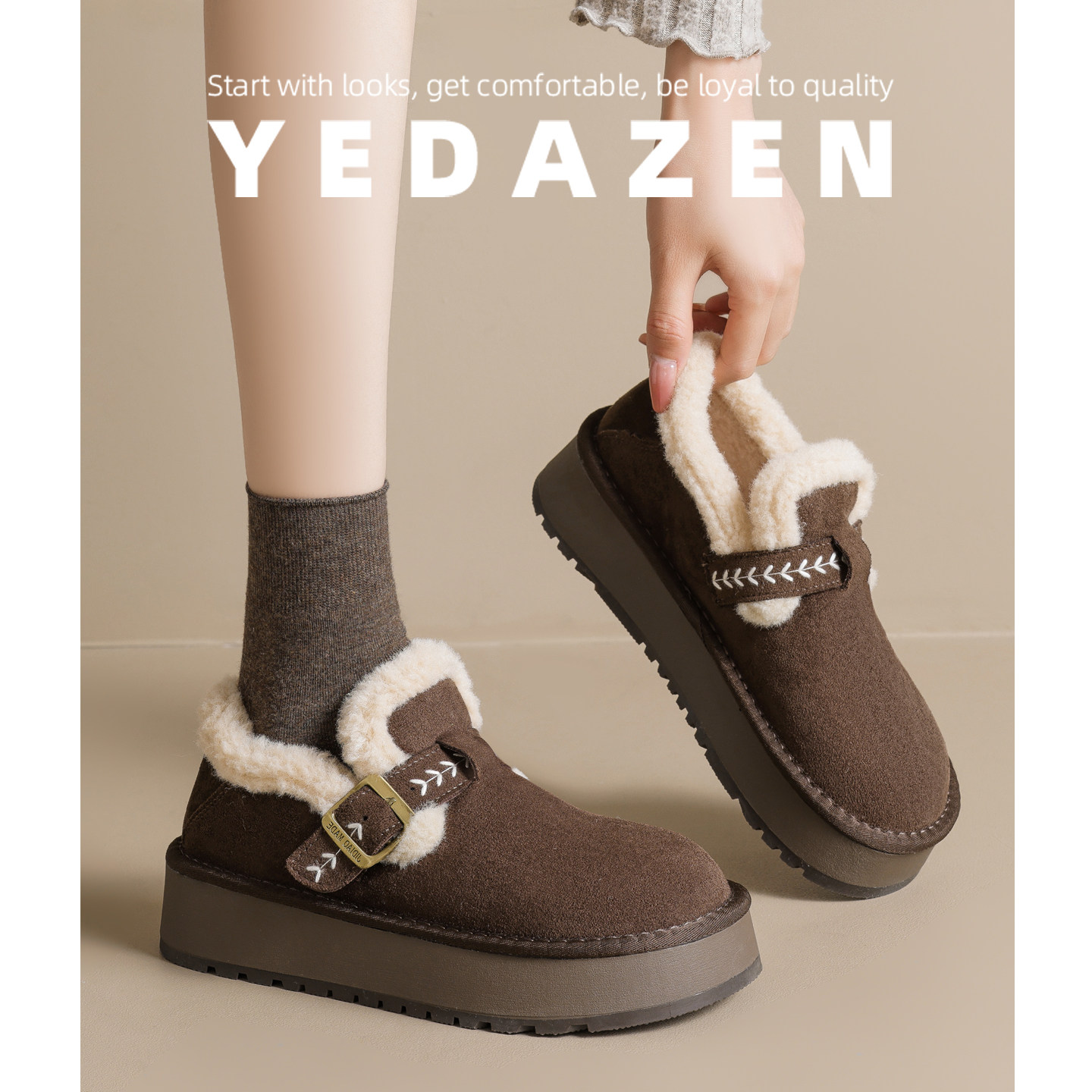 雪地鞋女款2025新款厚底全包勃肯鞋冬季加绒高级感外穿平底毛毛鞋