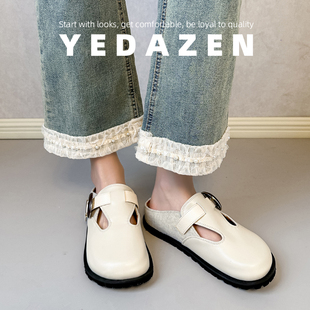 高级感白色皮面勃肯鞋半拖女外穿厚底2025新款夏季包头一脚蹬单鞋