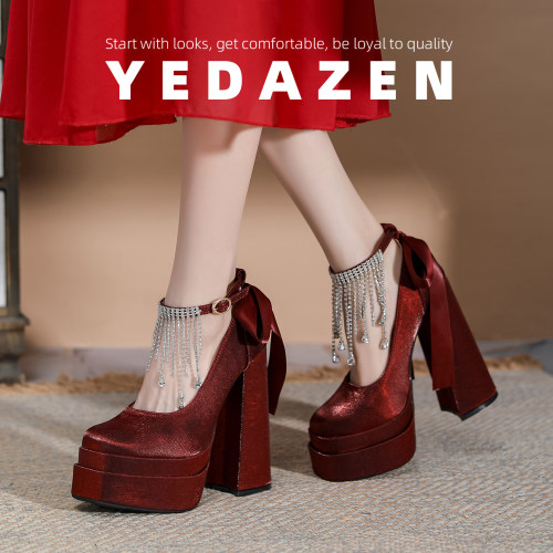 15公分恨天高跟鞋女粗跟红色缎面新娘秀禾服婚鞋厚底水钻礼服单鞋