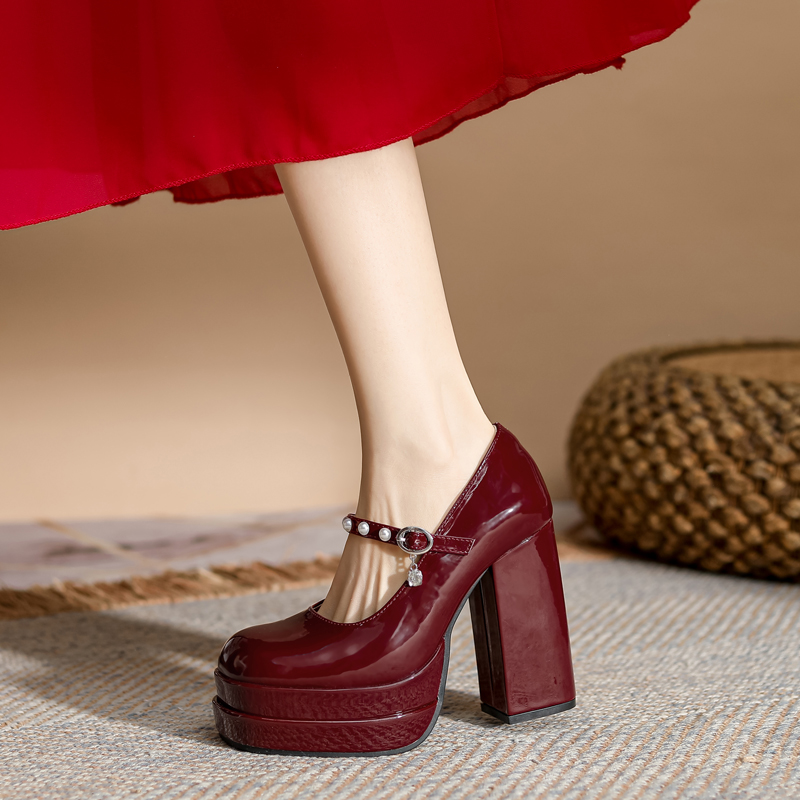 小个子超高跟鞋粗跟玛丽珍珠婚鞋