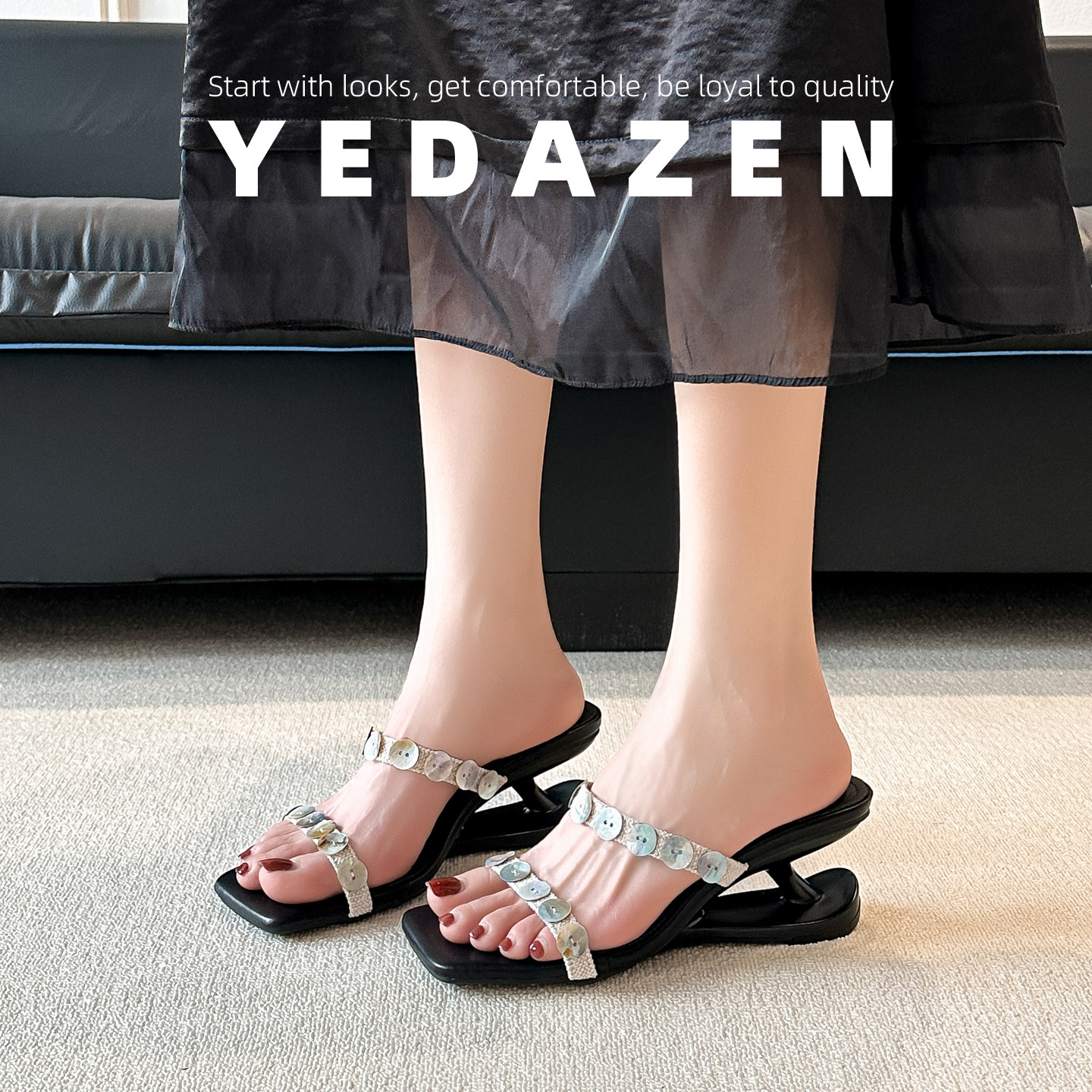 复古手工贝壳一字带悬浮高跟拖鞋女夏外穿坡跟方头凉鞋小众设计感