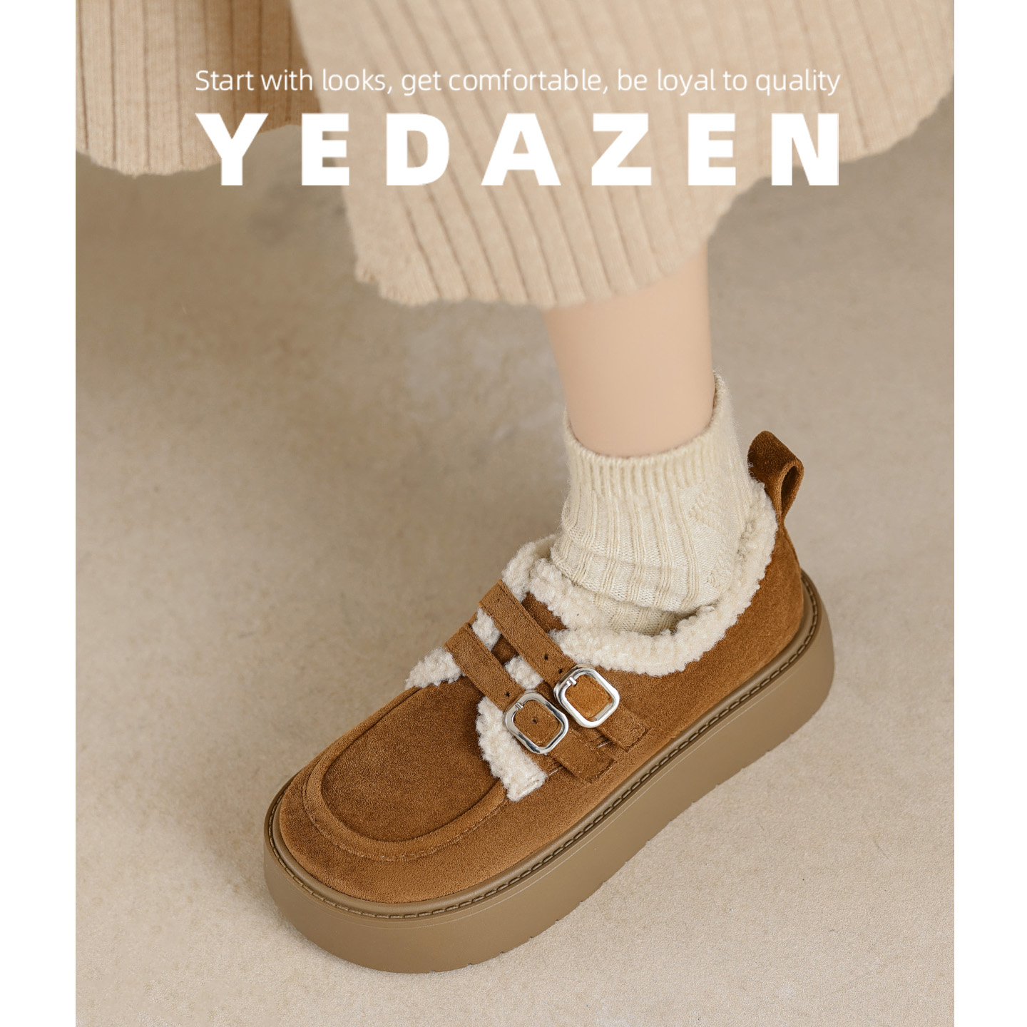 小个子棕色厚底加绒勃肯鞋女2025新款冬季保暖玛丽珍毛毛单鞋大码