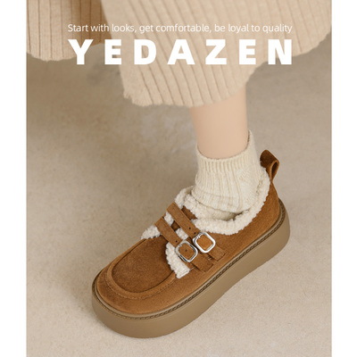小个子棕色厚底加绒勃肯鞋女2025新款冬季保暖玛丽珍毛毛单鞋大码