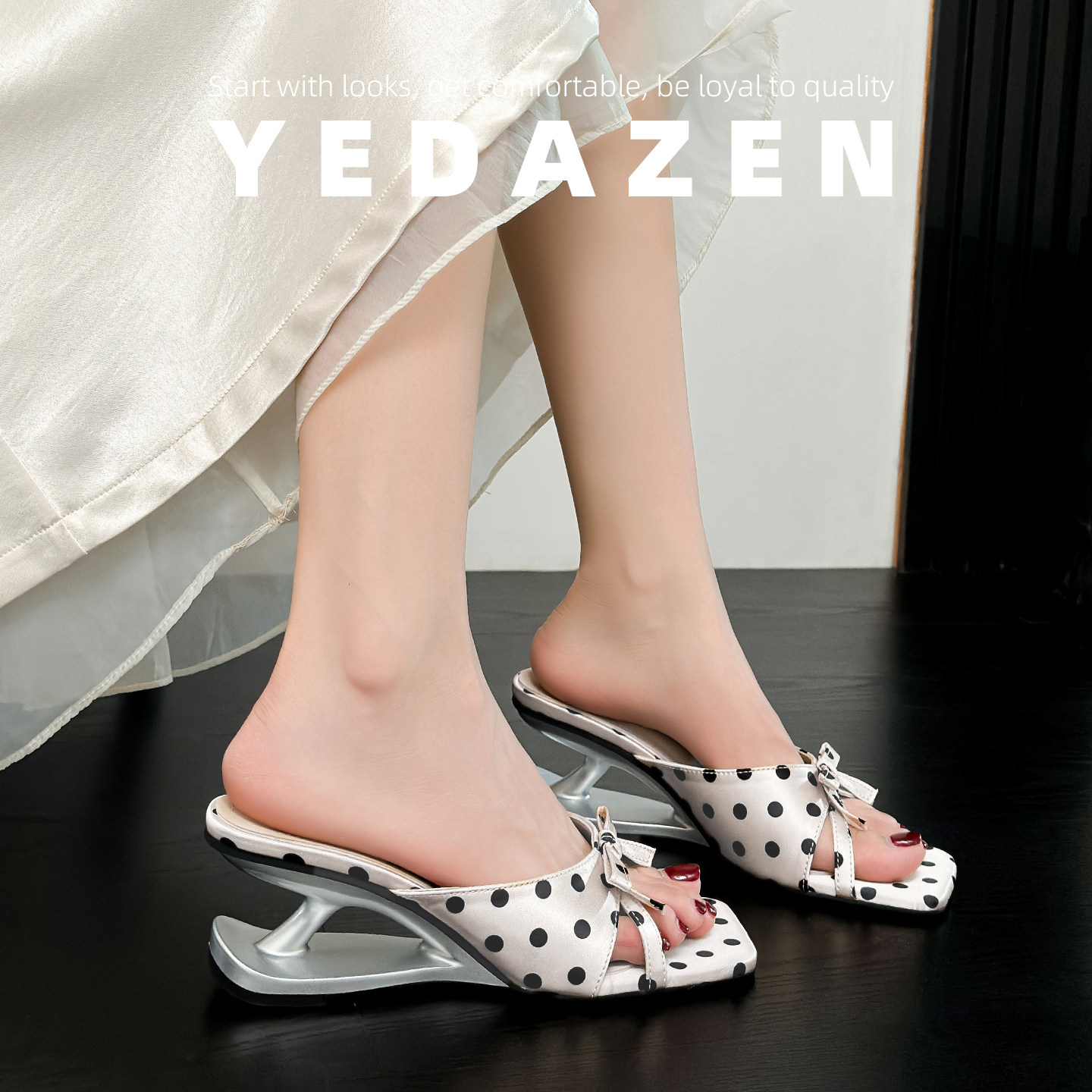 高级感波点凉鞋女夏季外穿方头异形高跟鞋法式蝴蝶结拖鞋2026新款