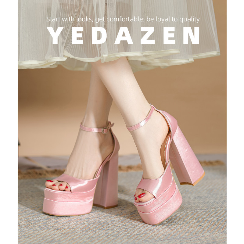 一字带绝美粉色凉鞋女粗跟高级感2025新款夏季缎面防水台超高跟鞋,女鞋,一字带凉鞋,淘宝优惠券,粉丝福利购,淘宝优惠卷