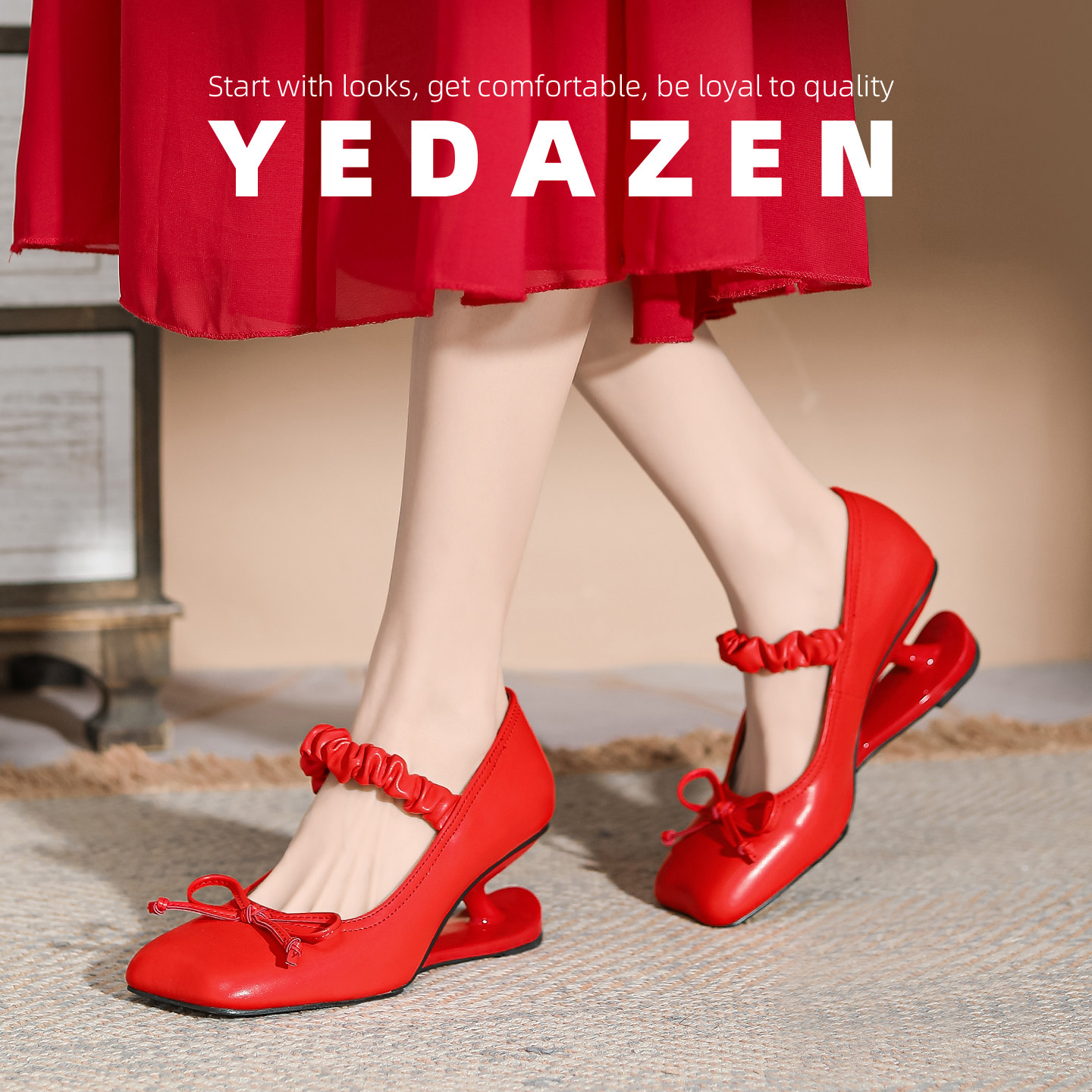 苹果头蝴蝶结皱褶一字带悬浮跟异形跟玛丽珍高跟鞋圆头红色订婚鞋,女鞋,婚鞋,淘宝优惠券,粉丝福利购,淘宝优惠卷