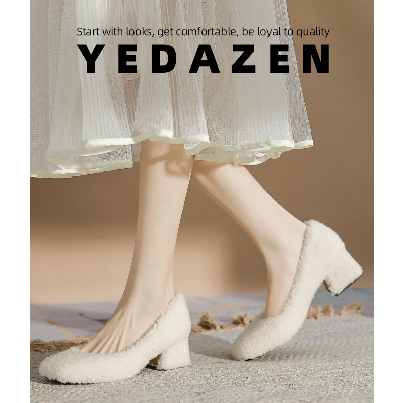 一脚蹬白色晚晚风绝美羊毛毛高跟鞋仙女外穿冬季法式粗跟加绒单鞋
