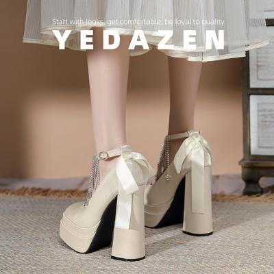 法式白色玛丽珍鞋女粗跟超高跟防水台礼服宴会婚鞋小个子水钻单鞋