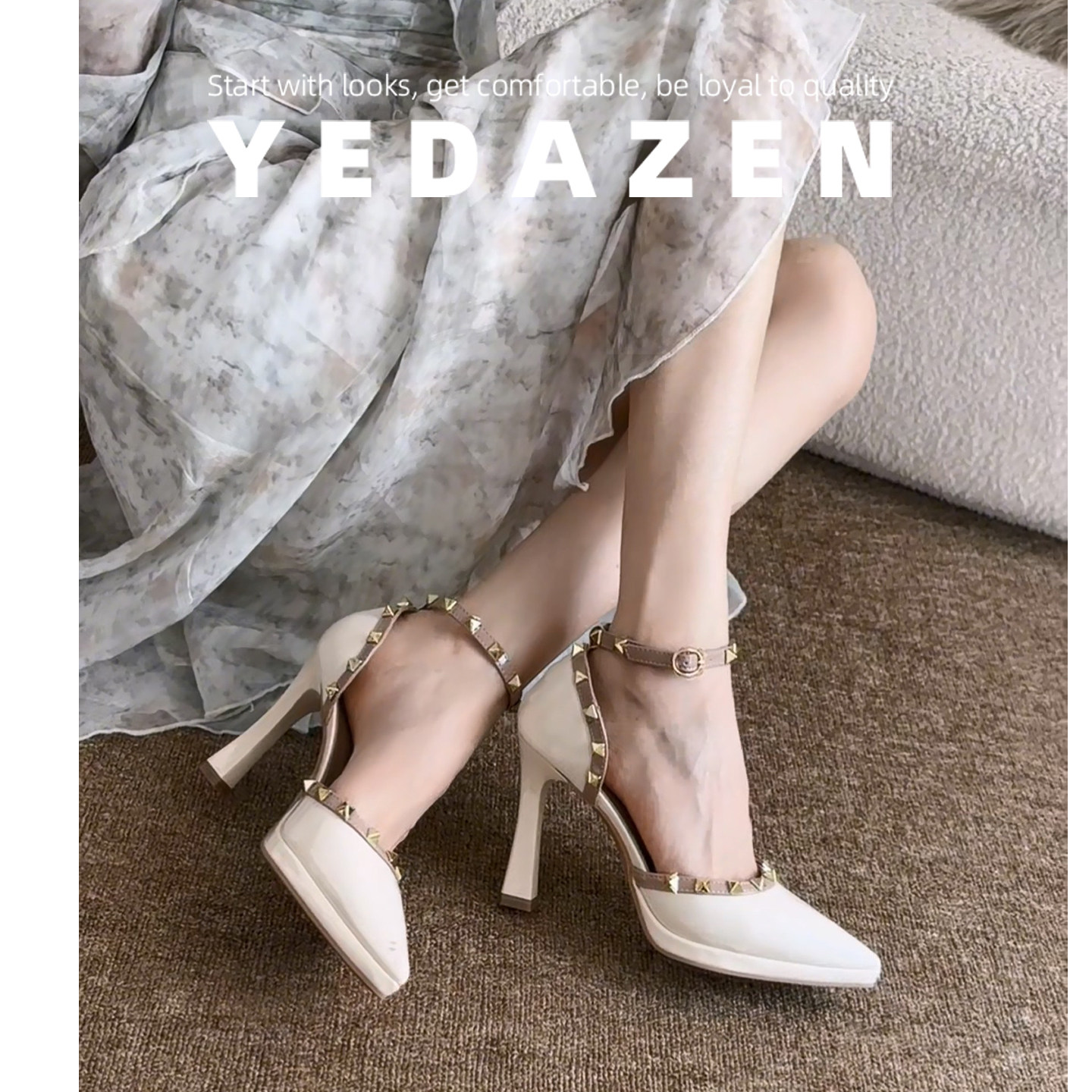 防水台铆钉包头凉鞋女款夏季裸色超高跟鞋不累脚粗跟尖头气质单鞋