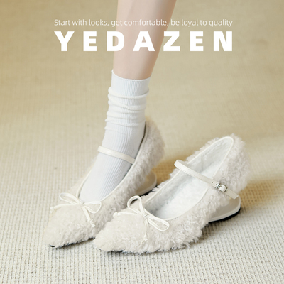 白色毛毛高跟鞋女异形坡跟法式玛丽珍鞋女秋冬加绒尖头一字带单鞋