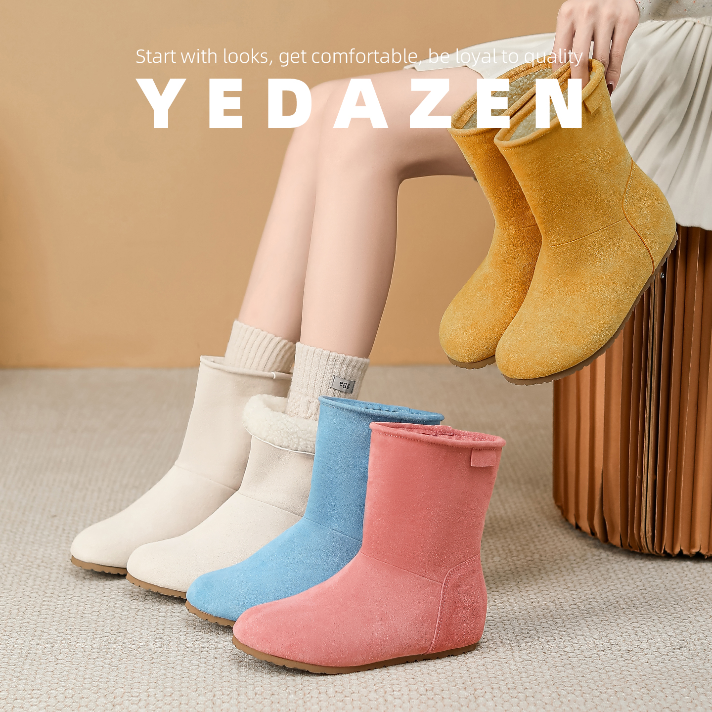 牛皮版~内增高加绒短靴女冬厚底土豆勃肯靴2025新款小个子雪地靴