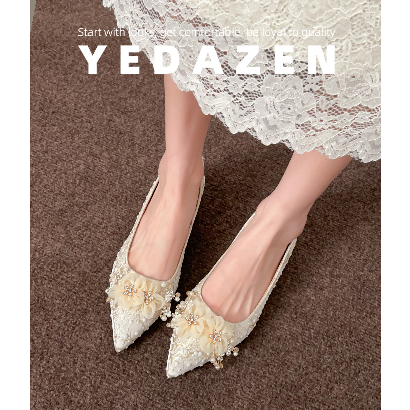 香槟色高跟鞋花朵婚鞋新娘鞋日常可穿伴娘鞋内增高尖头单鞋女粗跟 - 封面