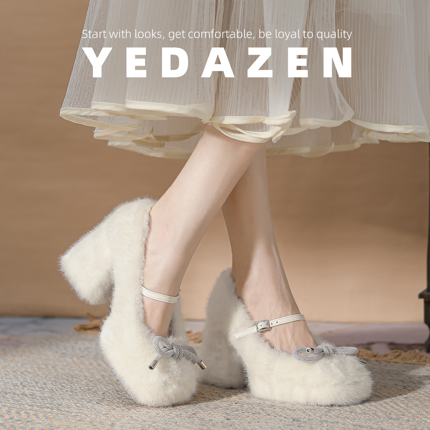 高级感白色外穿水钻毛毛高跟鞋女秋冬加绒巨好看的玛丽珍单鞋粗跟