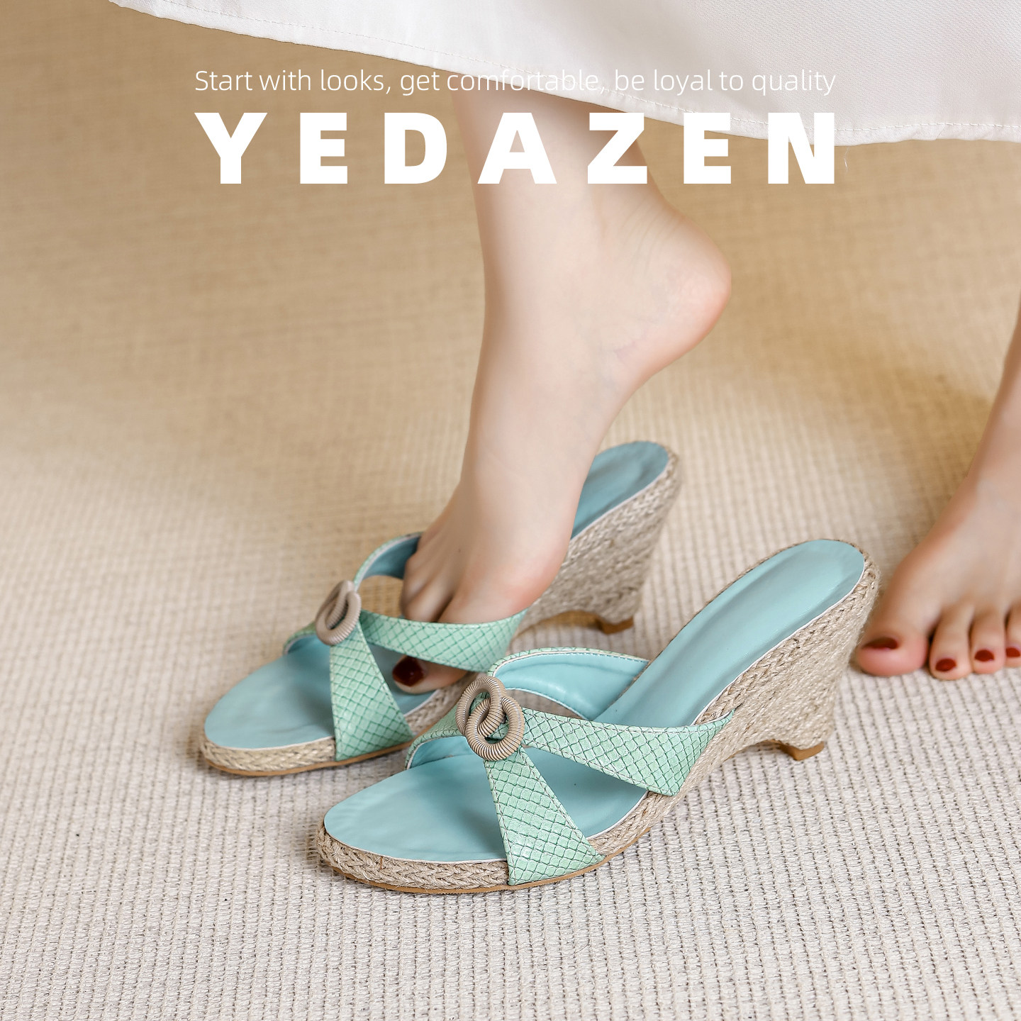 法式绝美绿色凉鞋女编织2026新款夏天草编坡跟拖鞋厚底海边沙滩鞋