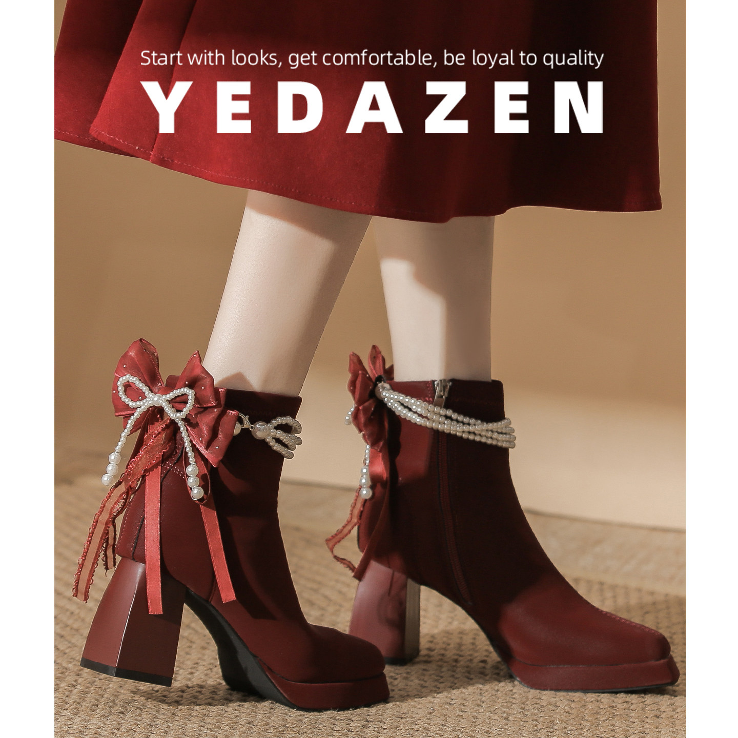 粗跟高跟鞋女蝴蝶结玛丽珍婚鞋绝美不累脚新娘鞋2025新款红色靴子