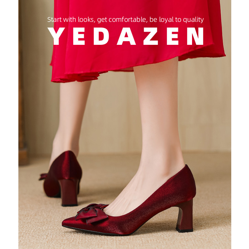 高级感红色高跟鞋女粗跟缎面婚鞋新娘鞋气质不累脚尖头蝴蝶结单鞋