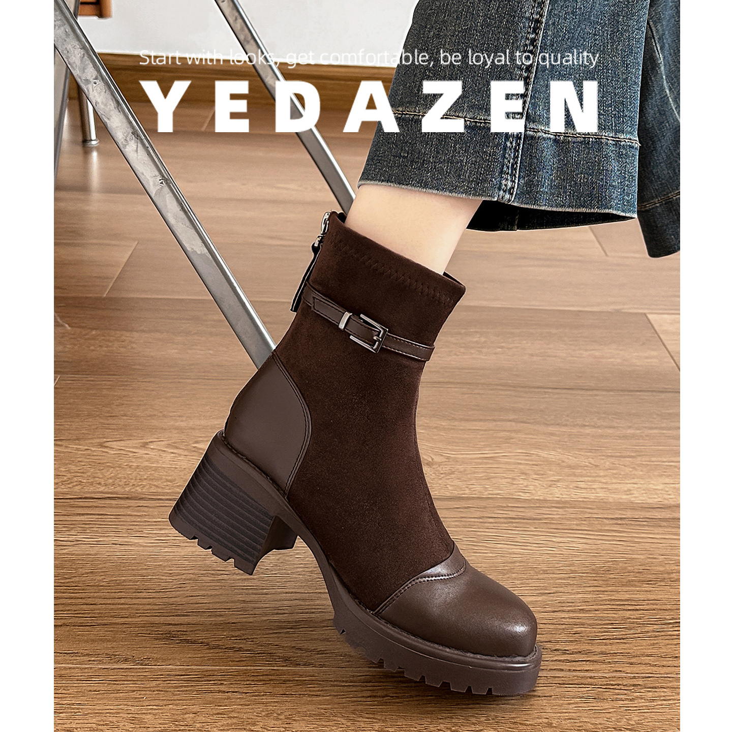 巨好看高跟棕色厚底马丁靴女款2025新款小个子方头粗跟短靴瘦瘦靴