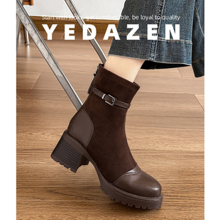 巨好看高跟棕色厚底马丁靴女款 小个子方头粗跟短靴瘦瘦靴 2025新款