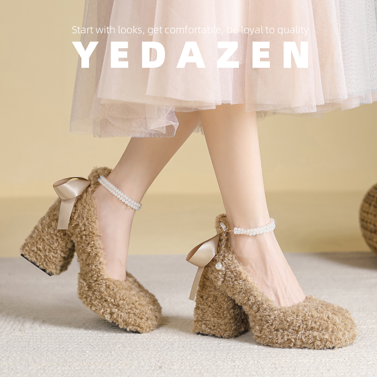 棕色毛毛高跟鞋女外穿粗跟秋冬加绒方头玛丽珍珠单鞋厚底保暖棉鞋