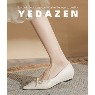 白色蝴蝶结尖头坡跟单鞋女设计感小众绝美不累脚小高跟鞋2026新款