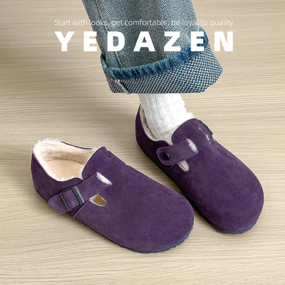 真皮紫色全包厚底勃肯鞋女加绒一脚蹬内增高毛毛单鞋2025新款秋冬