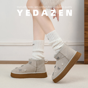 复古勃肯雪地靴女冬季加绒蝴蝶结棉靴厚底巨好看水钻短靴女小个子