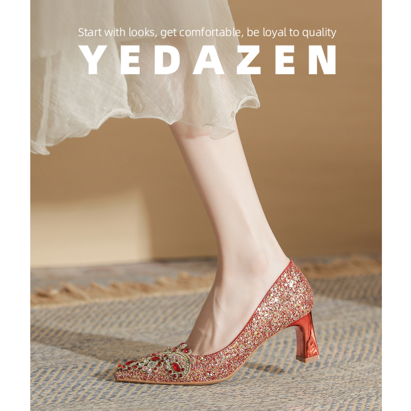 尖头粗跟红色高跟鞋女气质高级不累脚主婚纱婚鞋女2026新款新娘鞋