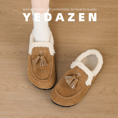 一脚蹬复古棕色乐福鞋女冬季加绒内增高流苏毛毛鞋厚底全包勃肯鞋